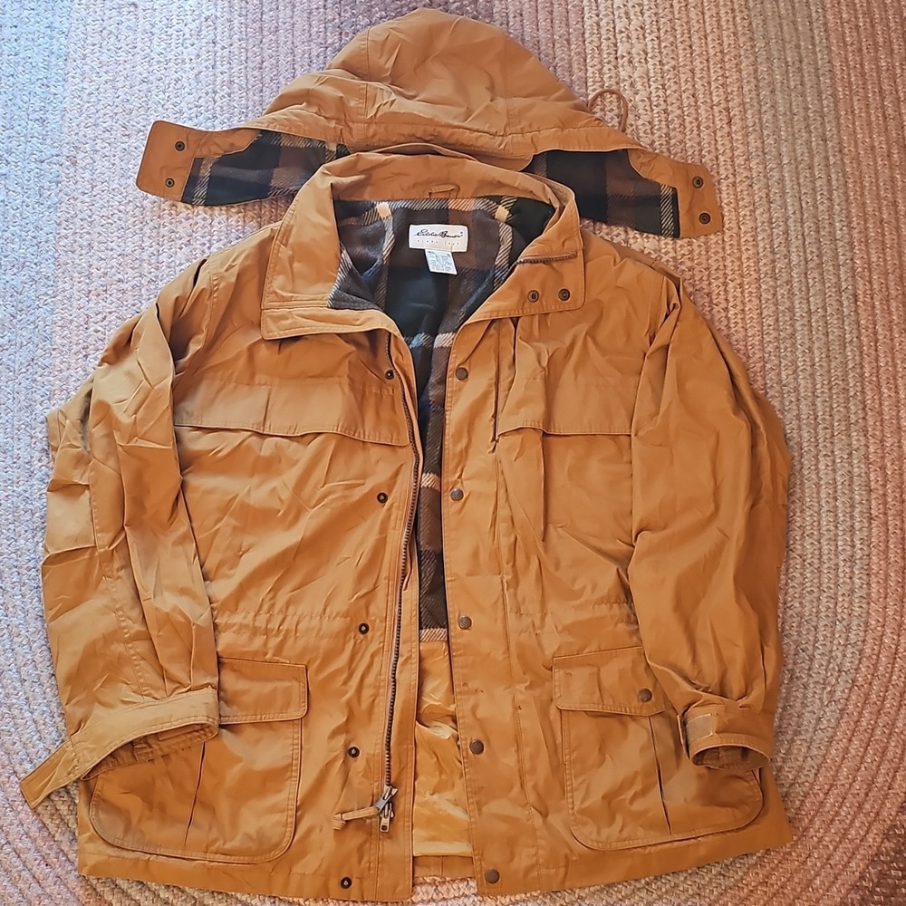 Vintage Eddie Bauer Brown Plaid Men's Jacket XL Removable Hood Button Zip